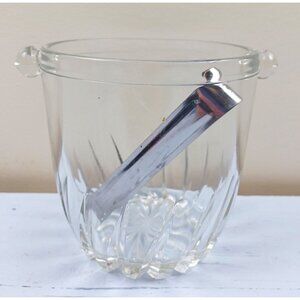 Vintage Moncayo Clear Glass Ice Bucket With Chrome Tongs 4" Tall Swirl Design